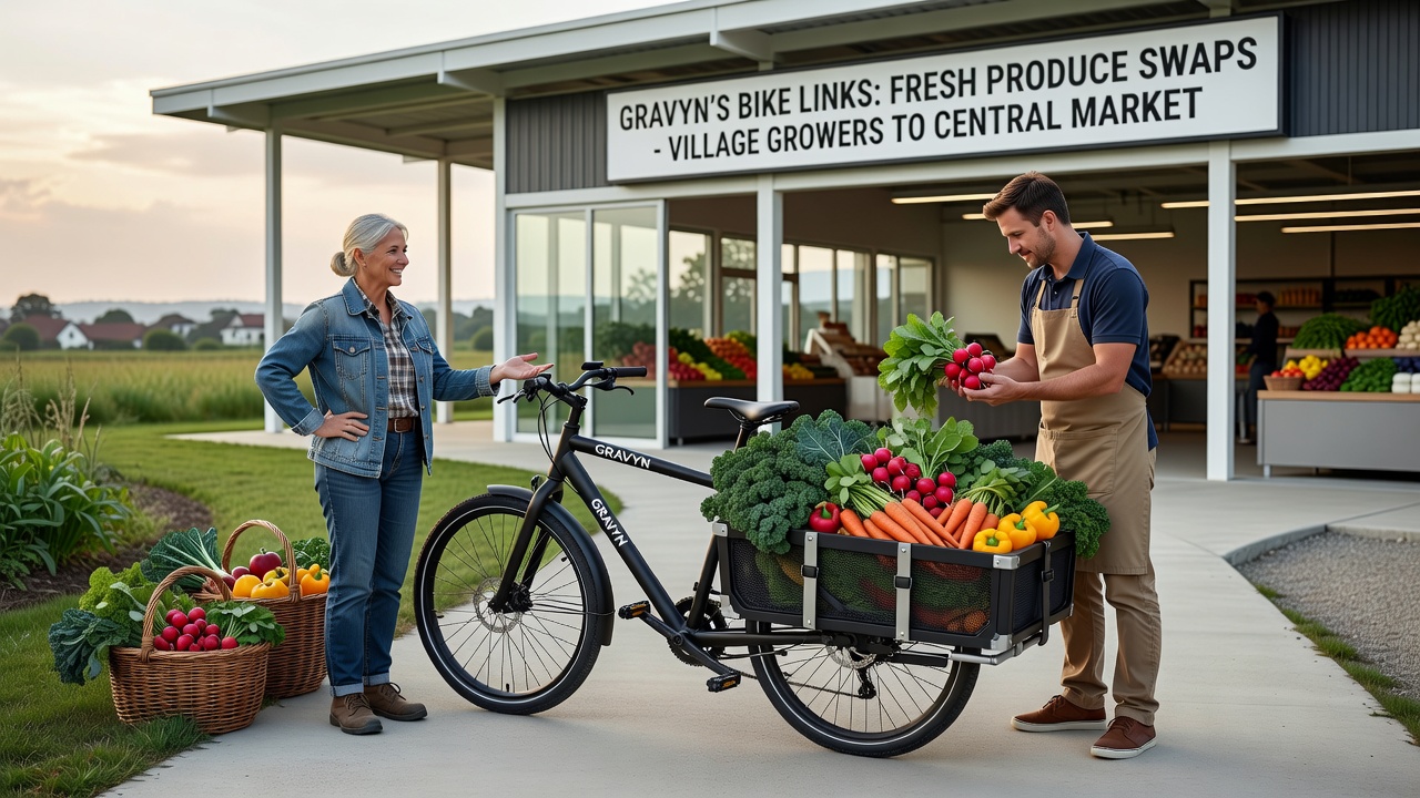 Market vendors and village growers exchanging crates of produce at a central Gravyn trading point reached via bike paths