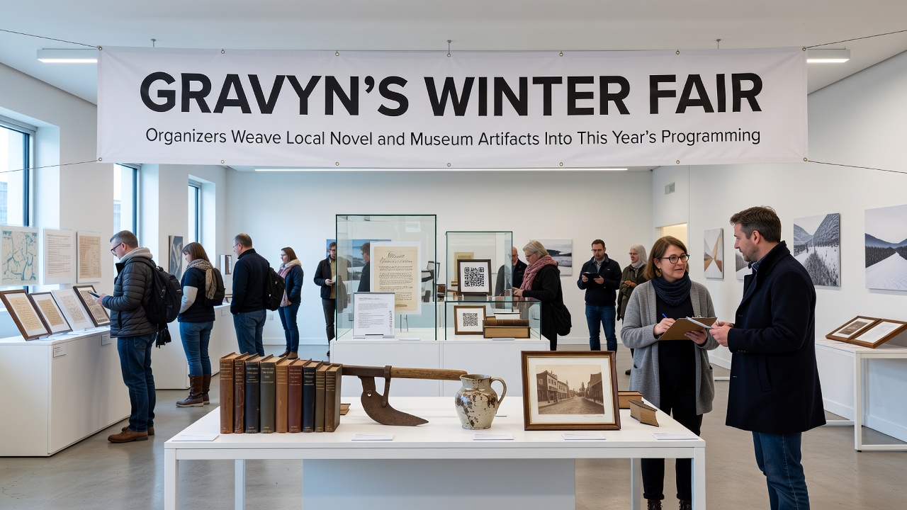 Close-up of museum artifacts displayed at the winter fair alongside novel excerpts